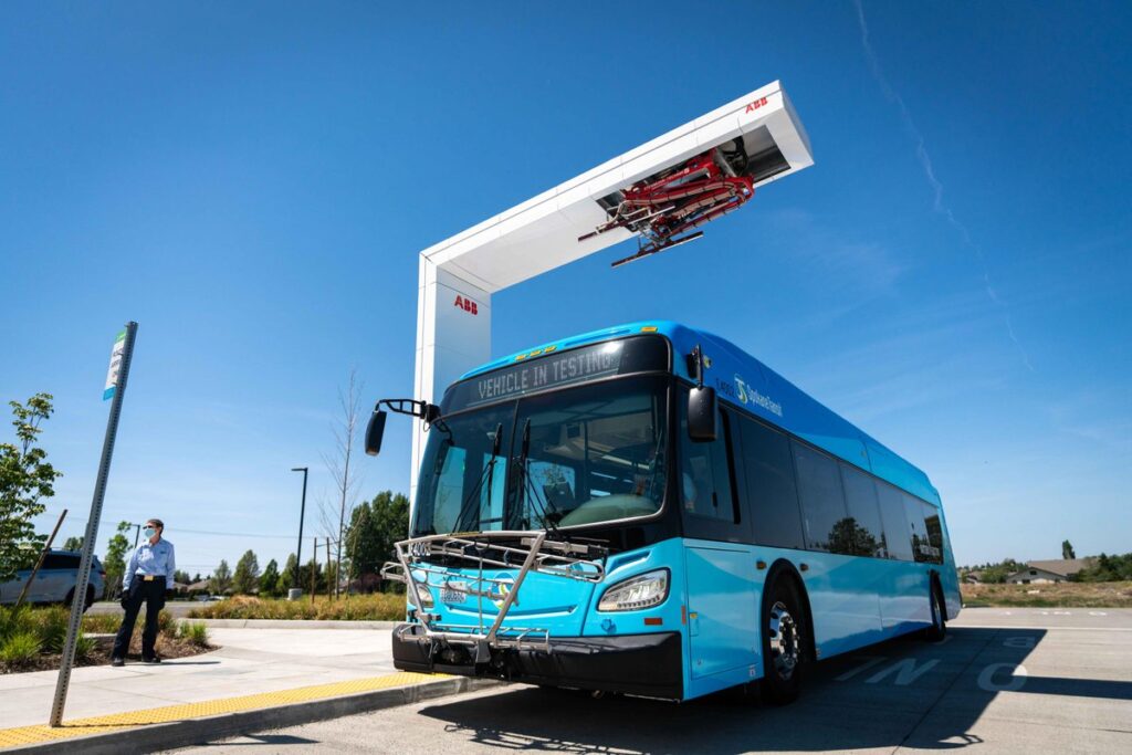 An electric transit bus in Spokane, Washington.
