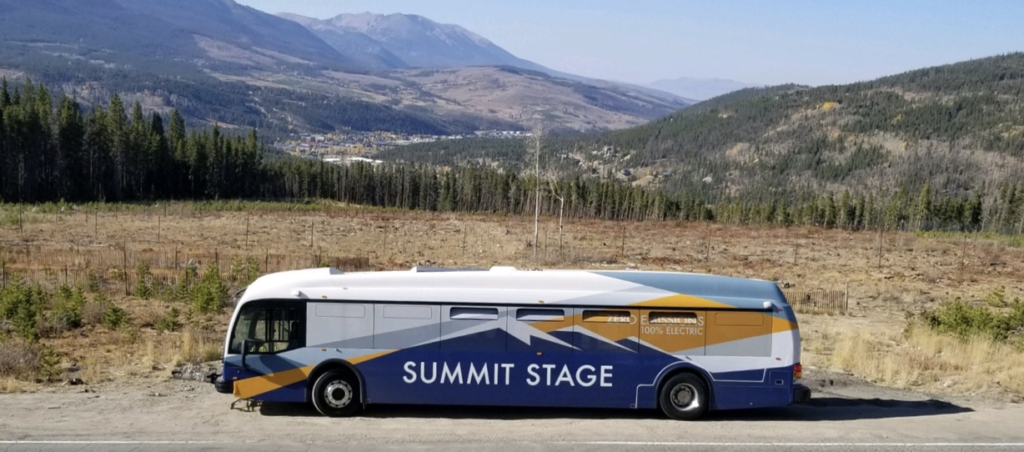 An electric public transit bus in rural Colorado.